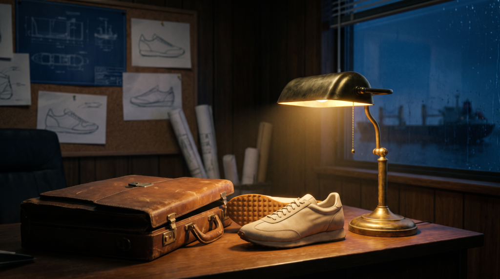 Vintage unbranded running shoe and worn leather briefcase on a desk with shoe design sketches in the shadows, symbolizing Phil Knight secretly building Nike while still under contract with Onitsuka