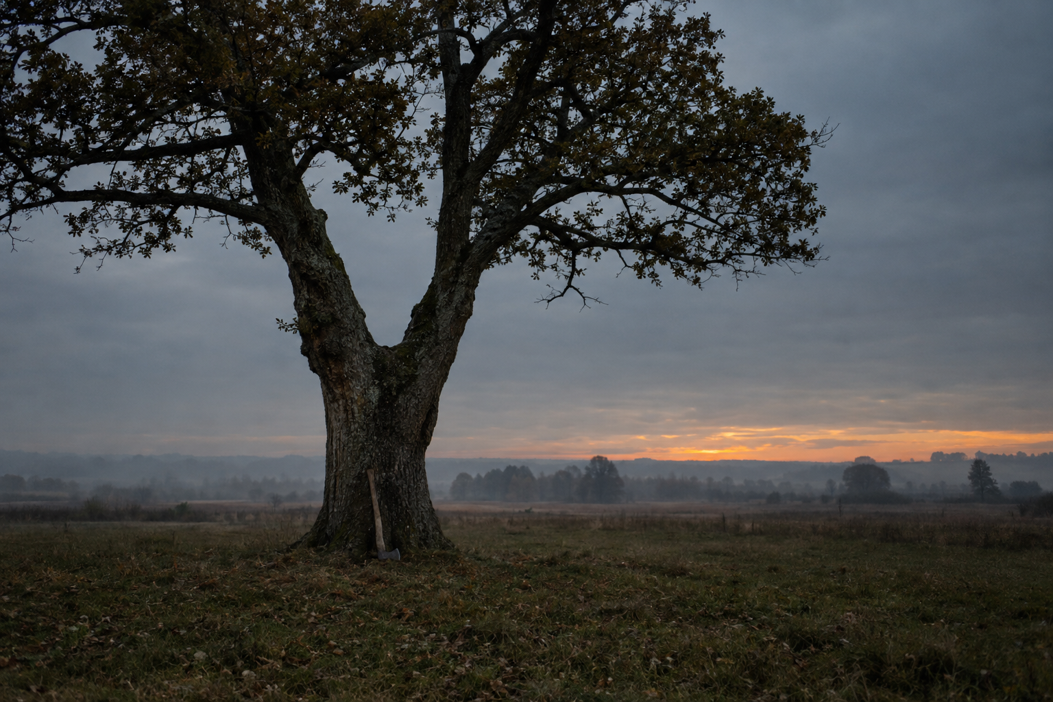 Lone oak tree at dusk with an axe resting unused at its base, symbolizing the choice between trimming branches and cutting down trees in reversible vs. irreversible decisions