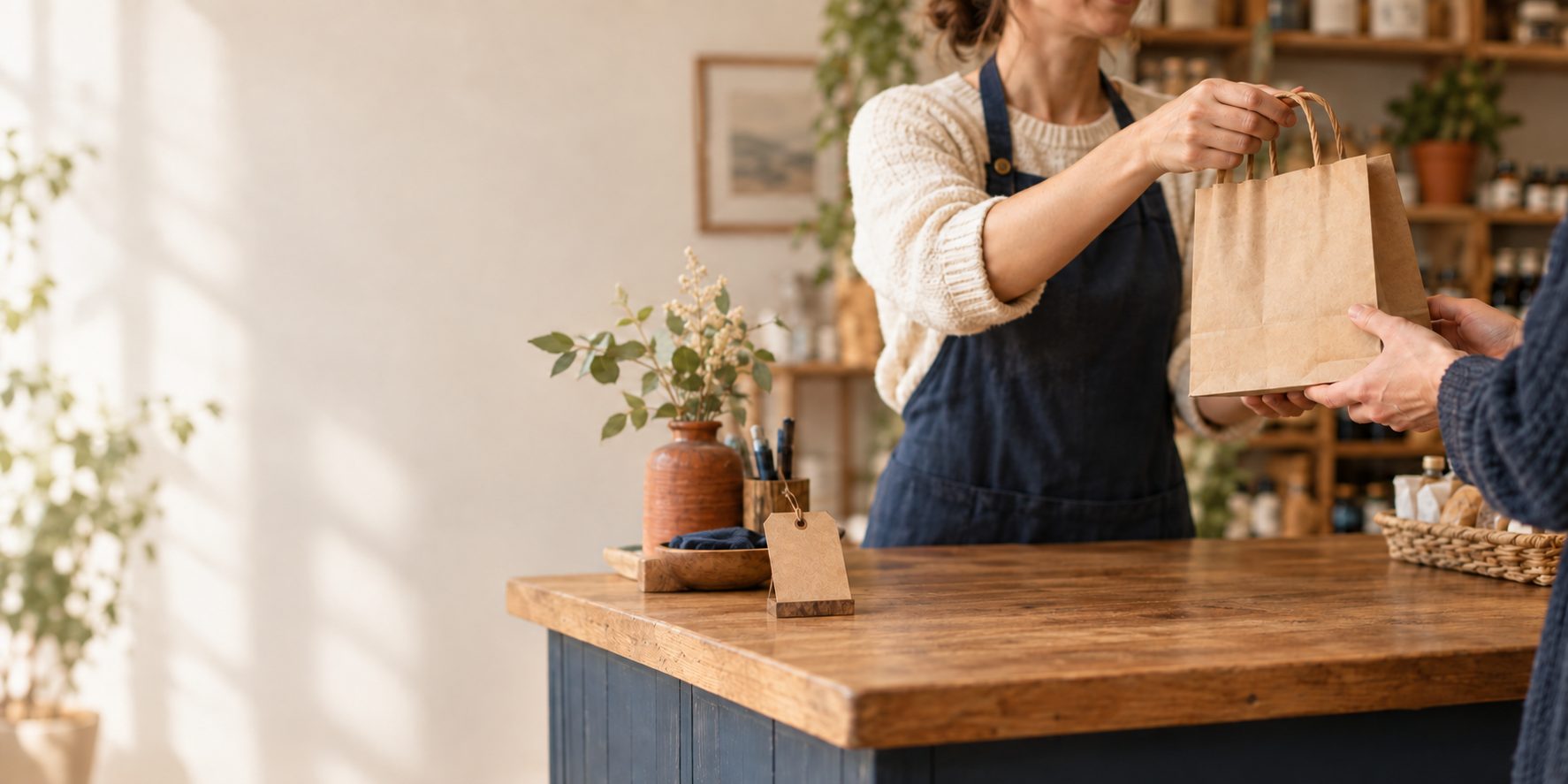 Small business owner handing a kraft paper shopping bag to a customer across a wooden shop counter